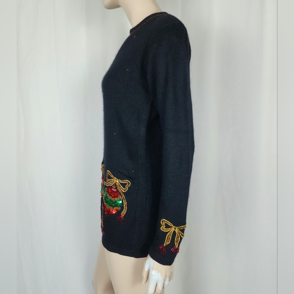 Vtg sequin Christmas ornament novelty sweater black SM silk blend - Picture 5 of 11